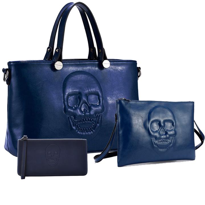 Mechaly Women's Skully Vegan Leather Skull Handbag+Crossbody+Wallet Set